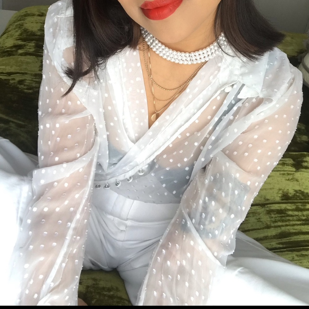 White sheer polka dot free people top